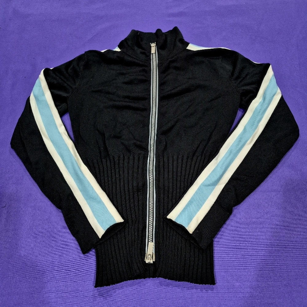 Bebe Sport Black/White/ Sky Blue 2-Way Zip Up Sweater Jacket - M.